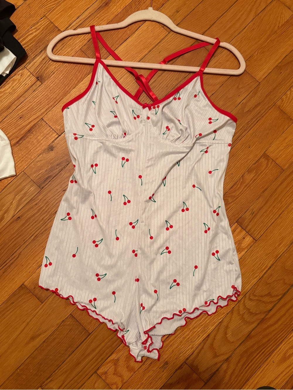 Cherry-Print Women’s Romper Sleepwear with Red Trim